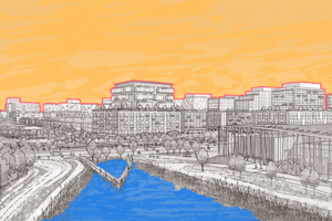 CGI illustration of waterway leading to city