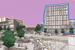 CGI illustration of an urban plaza