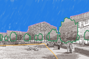CGI illustration of a park inside the city